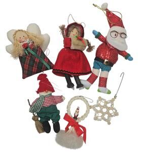 Lot of 6 Vintage Ornaments Fabric, Hand-made Country Rustic Farmhouse Cottage